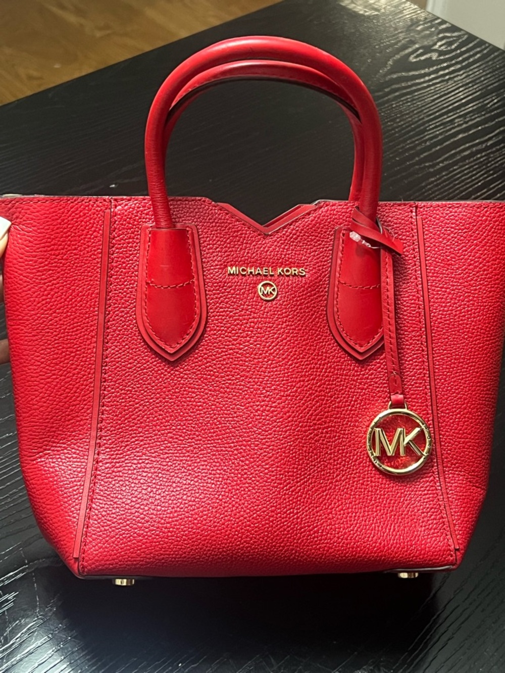 Michael Kors Red Pebbled Leather Mini Satchel with Gold MK Charm